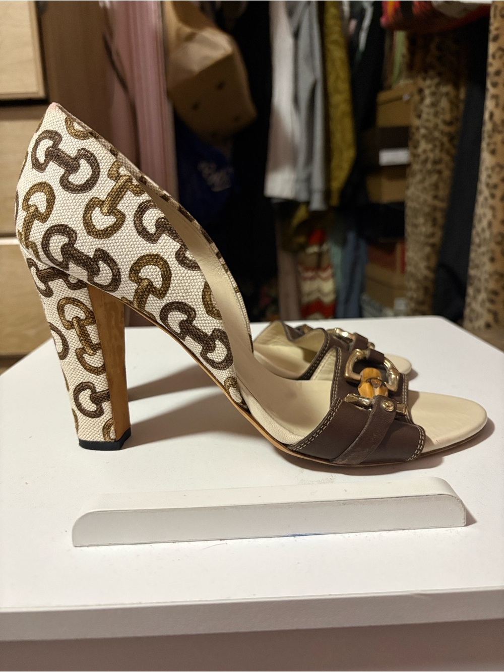 Gucci Beige Canvas and Brown Leather Bamboo-Accent Heels - Picture 11 of 11